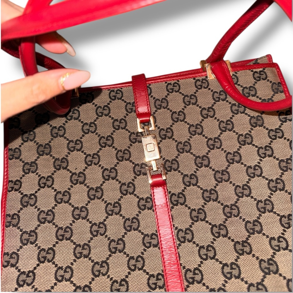 Gucci GG Canvas & Red Leather Jackie O Tote – Vintage, Excellent Condition - Picture 4 of 10